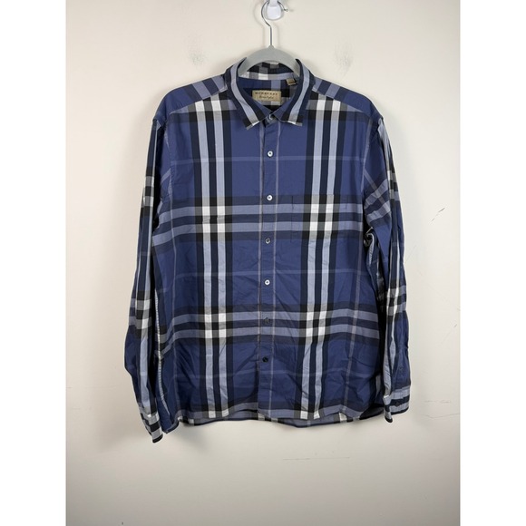 Burberry Mens Blue Nova Check Stretch Button Up Shirt XXL Long Sleeve Pocket